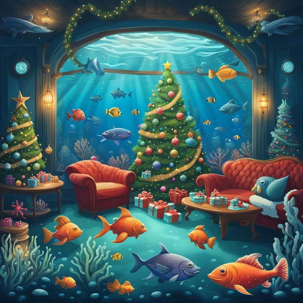 Festive Underwater Christmas Celebration with Fish