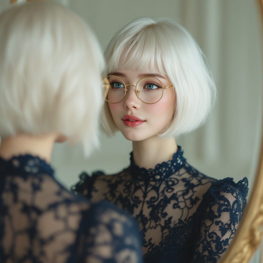 Ethereal Albino Woman in Navy Lace Dress with Golden Glasses