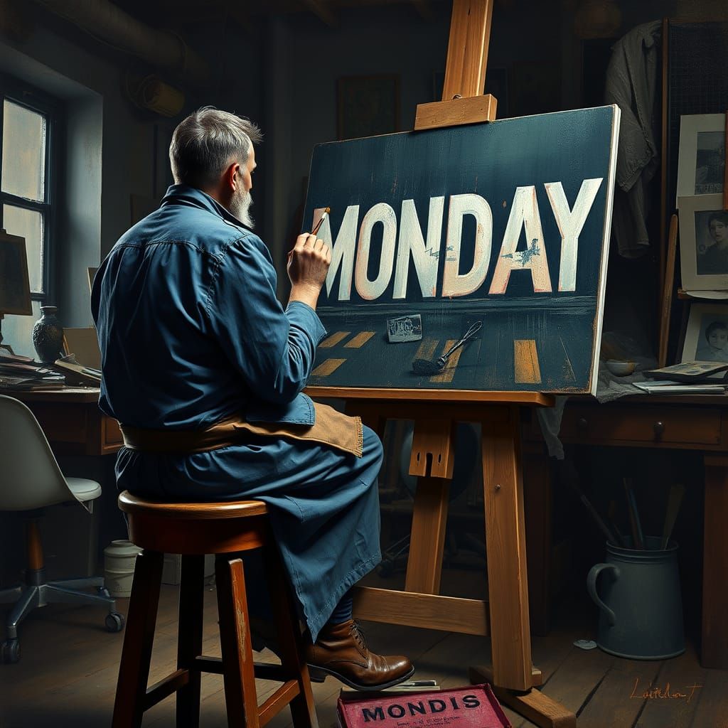 Artist in Dimly Lit Studio, Working on Surrealist Masterpiec...