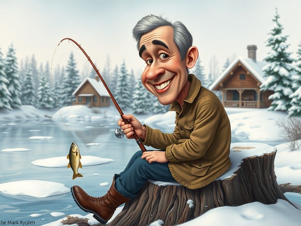 Winter Fishing Joy in Whimsical Caricature