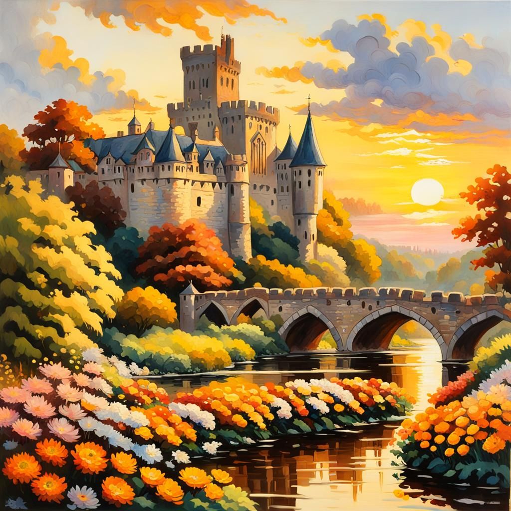 Gothic Castle City and Chrysanthemum Garden Painting