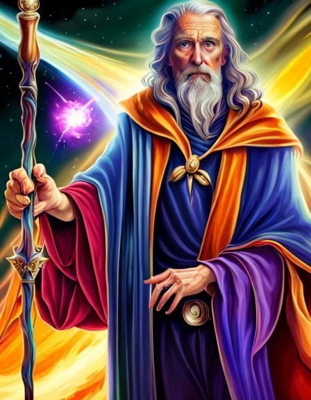 Energetic Wizard Portrait in Maximalist Digital Art Style