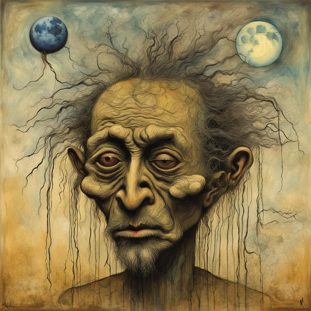Surreal Shrunken Head Meditating in a Futuristic Dreamscape