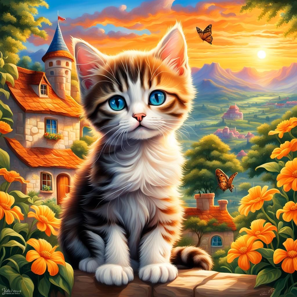 Kitten with Glowing Eyes at Sunrise in 3D