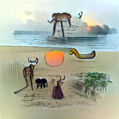Surreal Beach Scene: Deer on Stilts