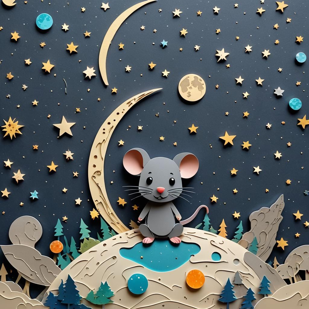 Kirigami Mouse on Moon with Northern Lights