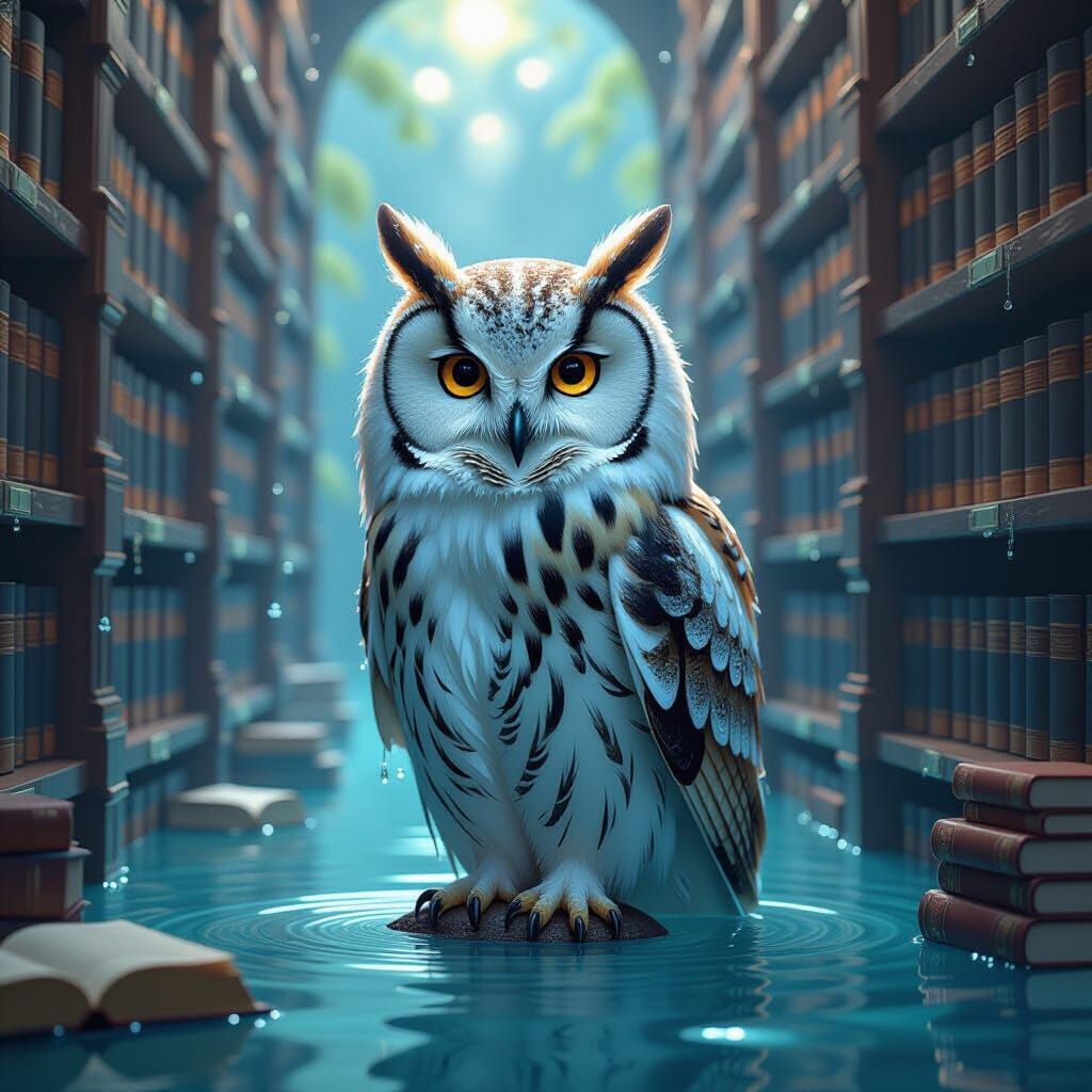 Water Droplet Owl in Magical Liquid Library