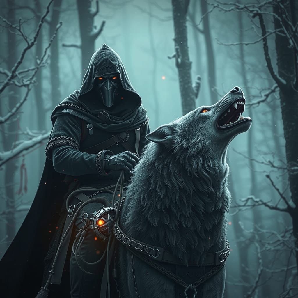 Assassin Riding Wolf in Mystical Winter Forest