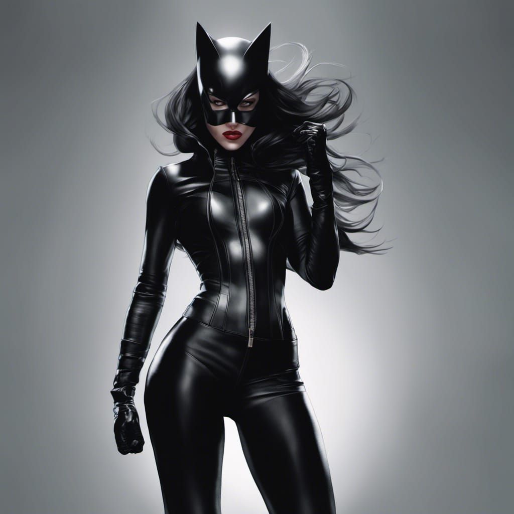 Female superhero cat woman clad in tight black leather, boot...