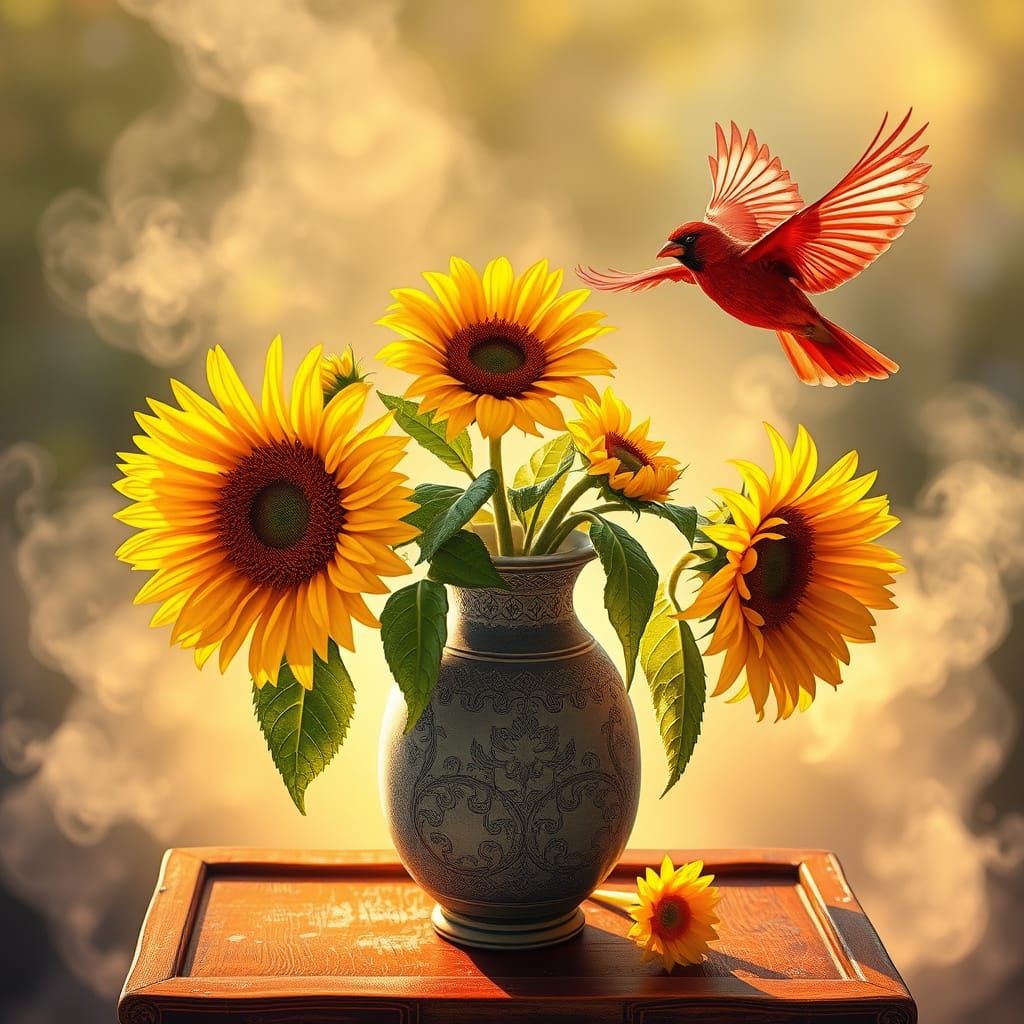 Red Birds Take Flight in a Whimsical, Sunlit Scene
