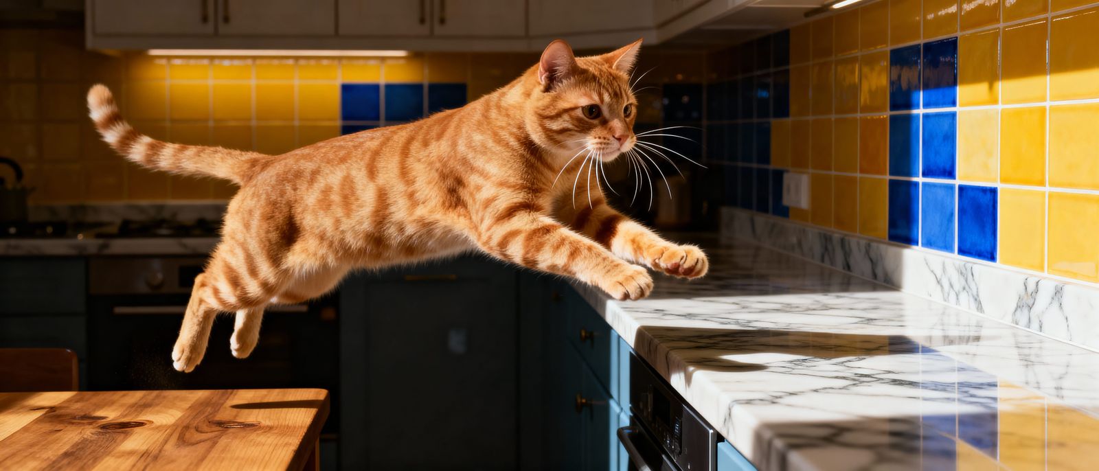 Orange Tabby Cat Leaps From Table To Countertop