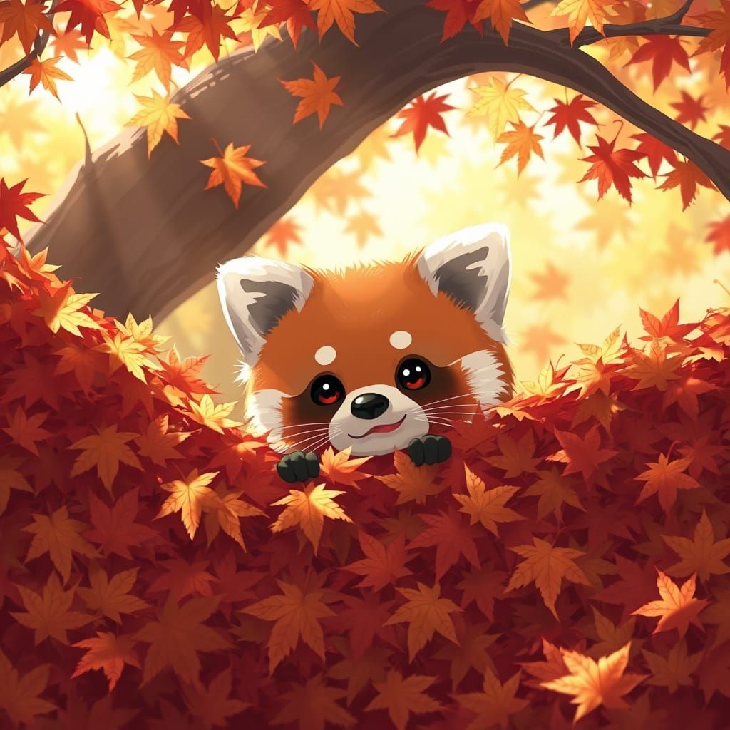 Mischievous Red Panda Hiding in Autumn Leaves
