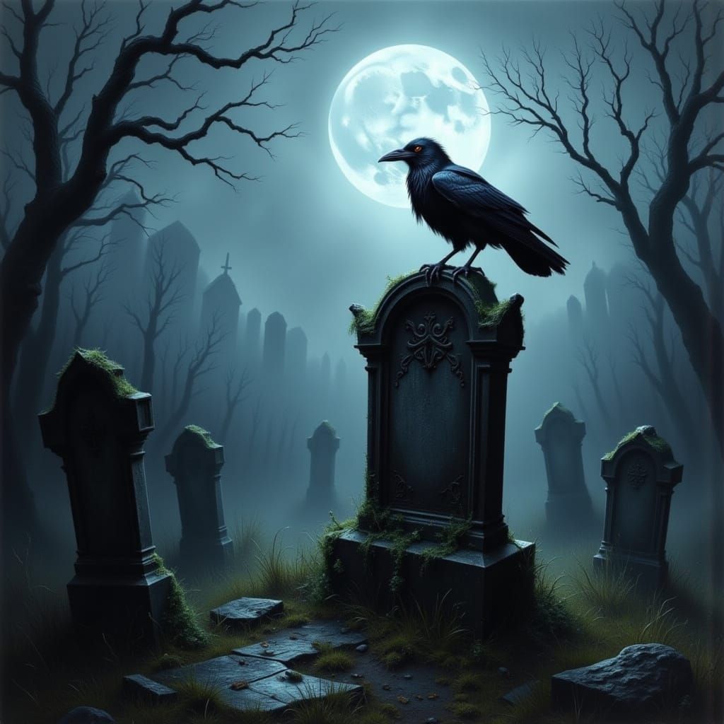 Gothic Raven on Gravestone in Misty Graveyard