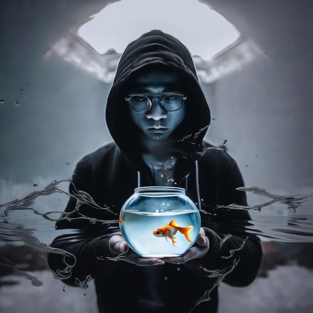 Chibi Man Holding Goldfish in Colorful Style