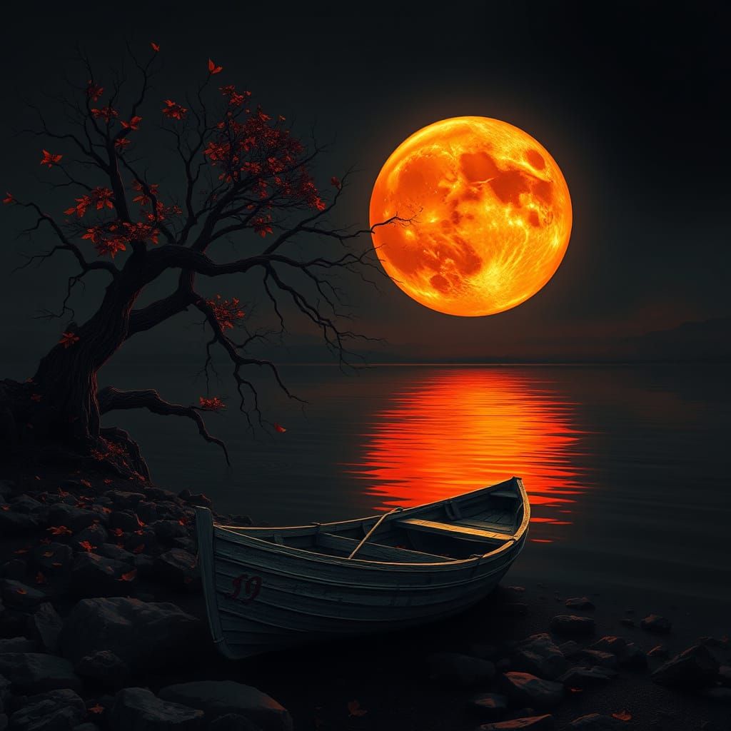 Crimson Moon Over Mirror Lake Digital Painting