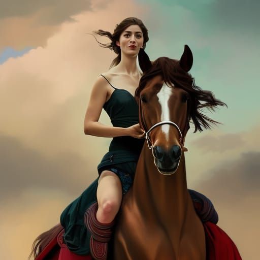 Girl in Red Dress Riding Horse on Beach