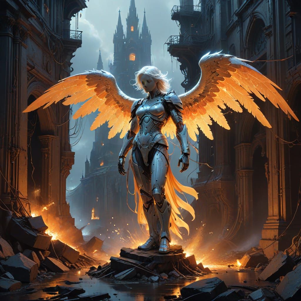 Gothic Angel in Cyberpunk Cathedral