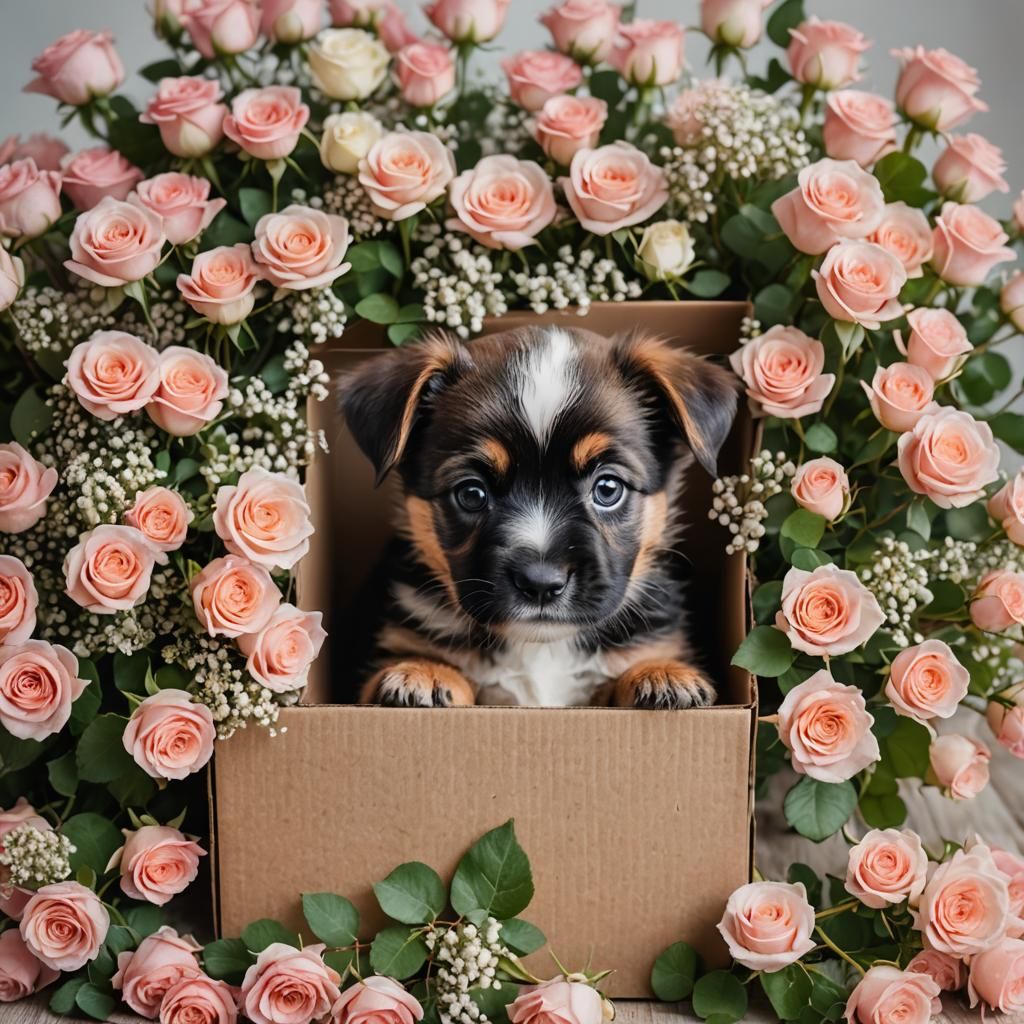 Puppy Surrounded by Roses: Professional Photography