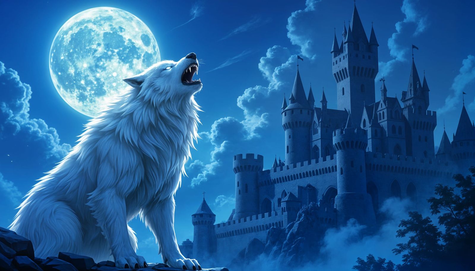 White Wolf Howling Against Medieval Backdrop