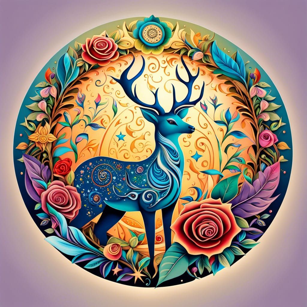 Colorful Mandala: Deer, Doves, Roses, and Celestial Elements