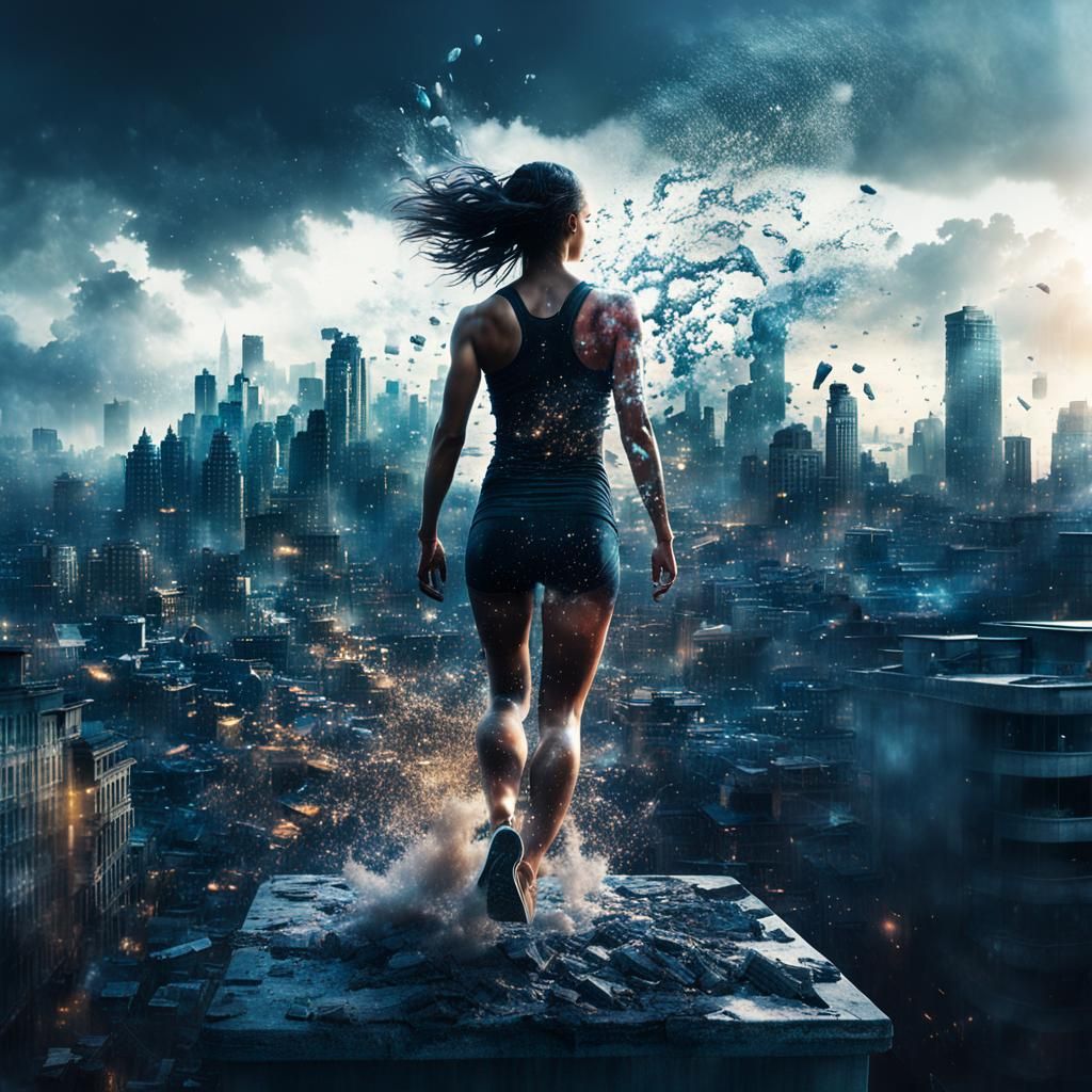 Woman Dissolving into Cityscape: Digital Double Exposure