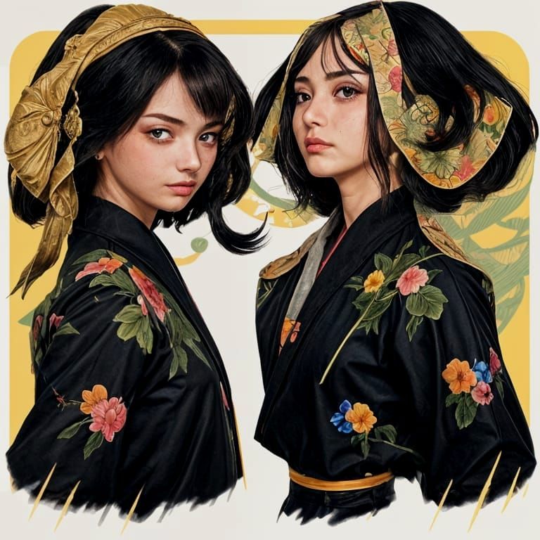 Anime Women in Party Kimonos on Japanese Garden Red Carpet