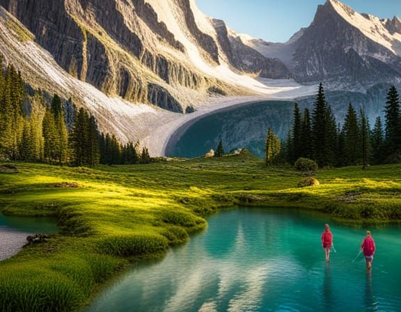 Women Walking by Oeschinen Lake: Photorealistic Digital Art