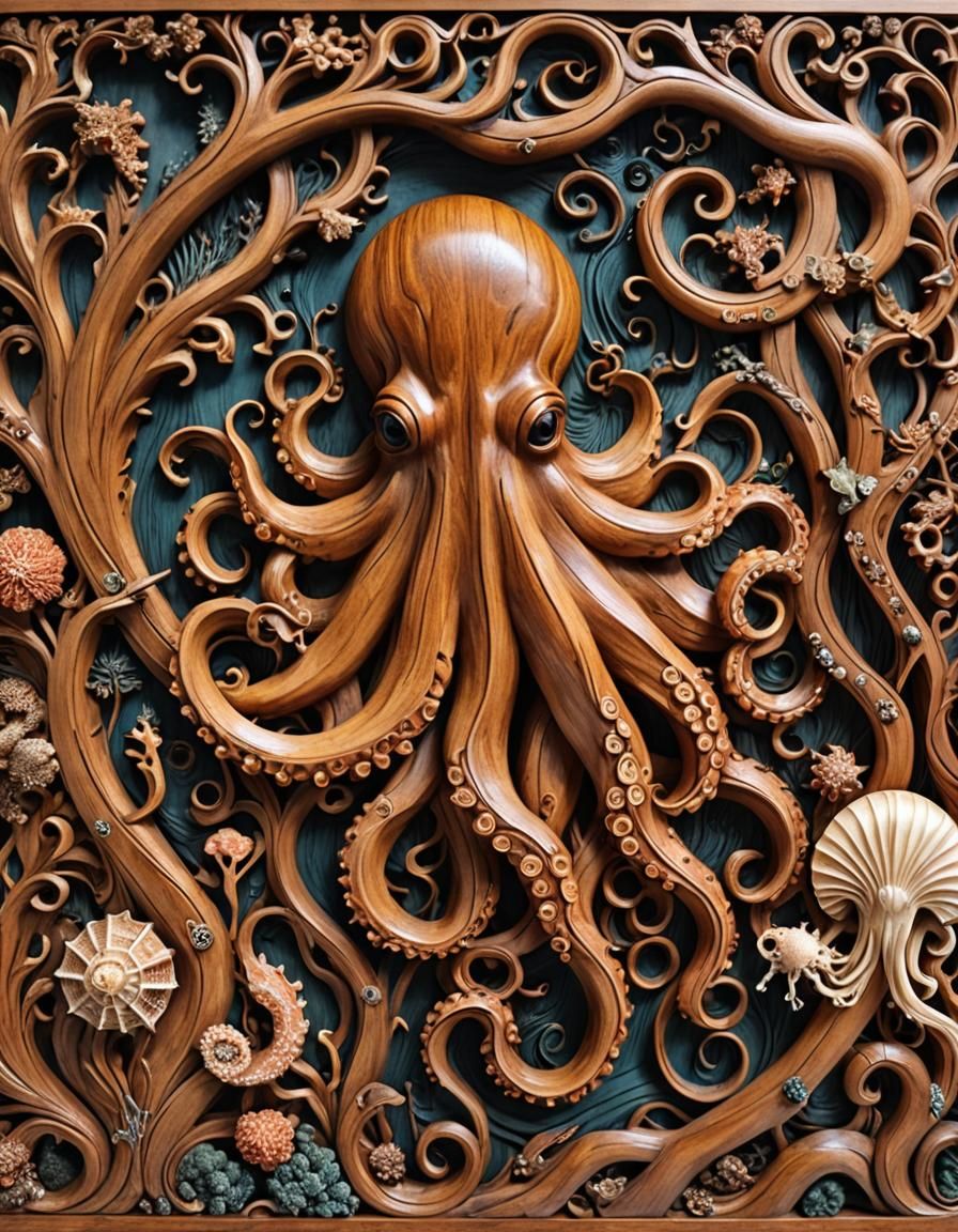 Teak Wood Relief Carving: Underwater Seascape