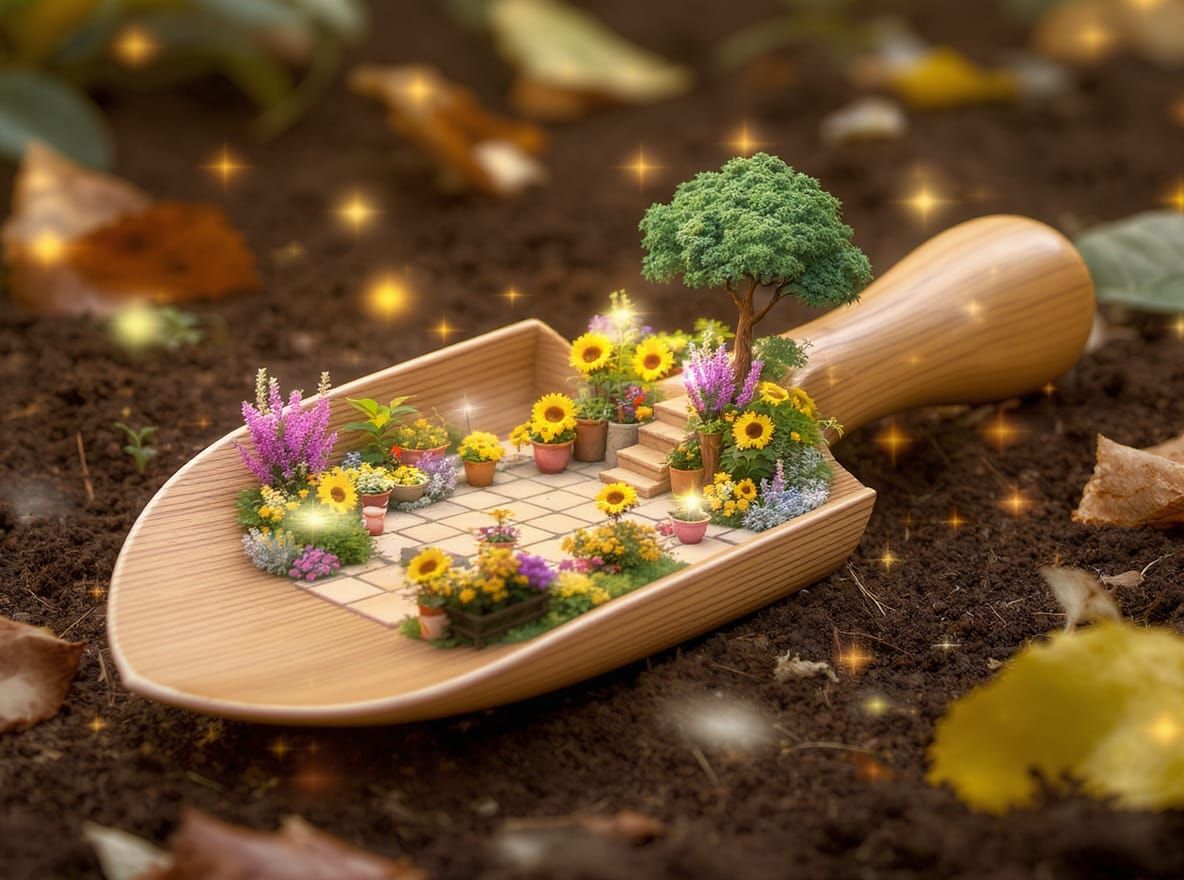 Magical Miniature Garden Carved in Spade Handle