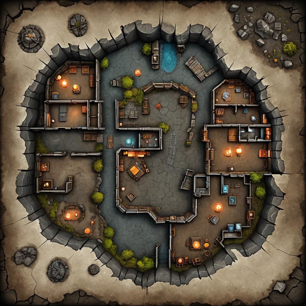Top-Down Battlemap of a Dark Cavern Dungeon