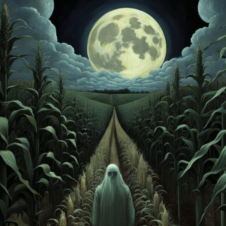 Haunting Corn Maze at Night with Ghostly Figures