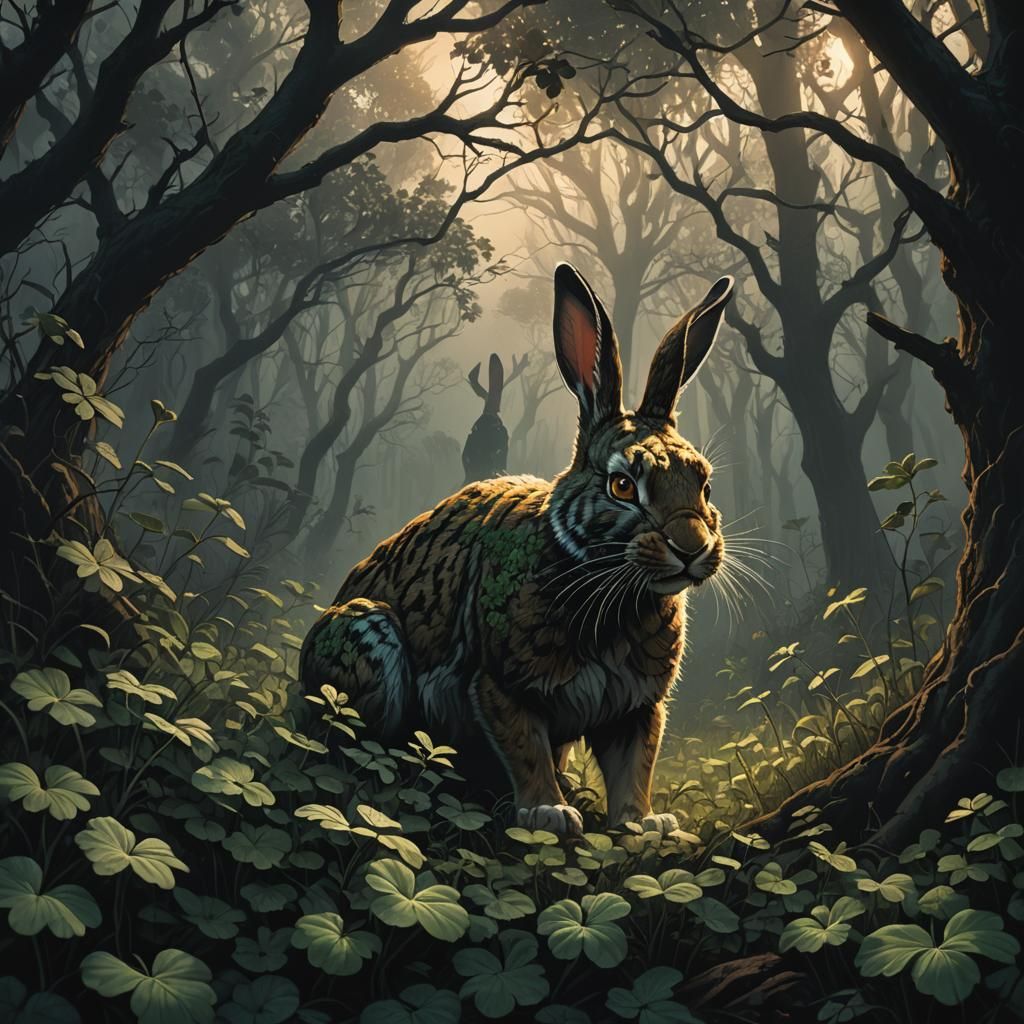 Ominous Dark Fantasy: Rabbit and Tiger in Forest