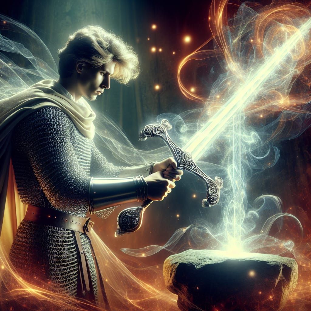Arthur Pulls Excalibur in a Magical Aura
