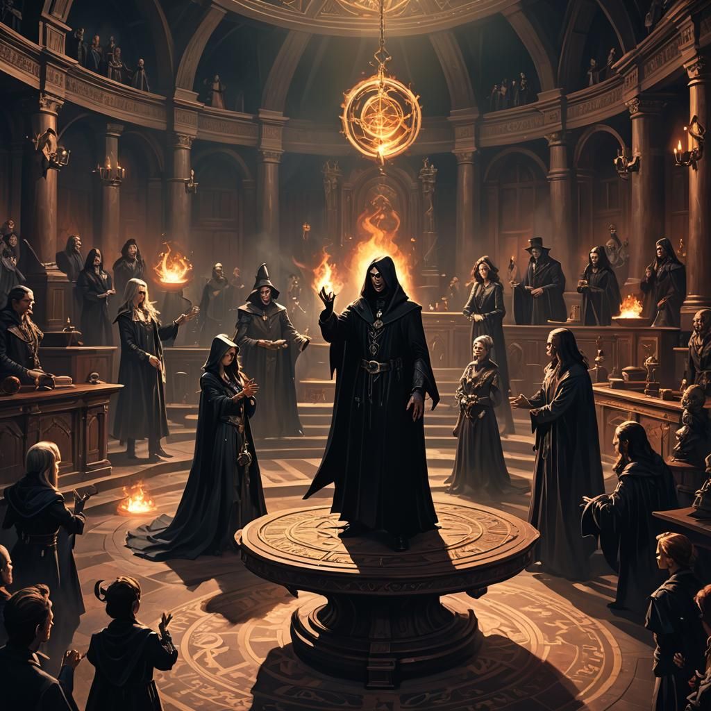 Mystical Courtroom Scene with Warlock and Witch