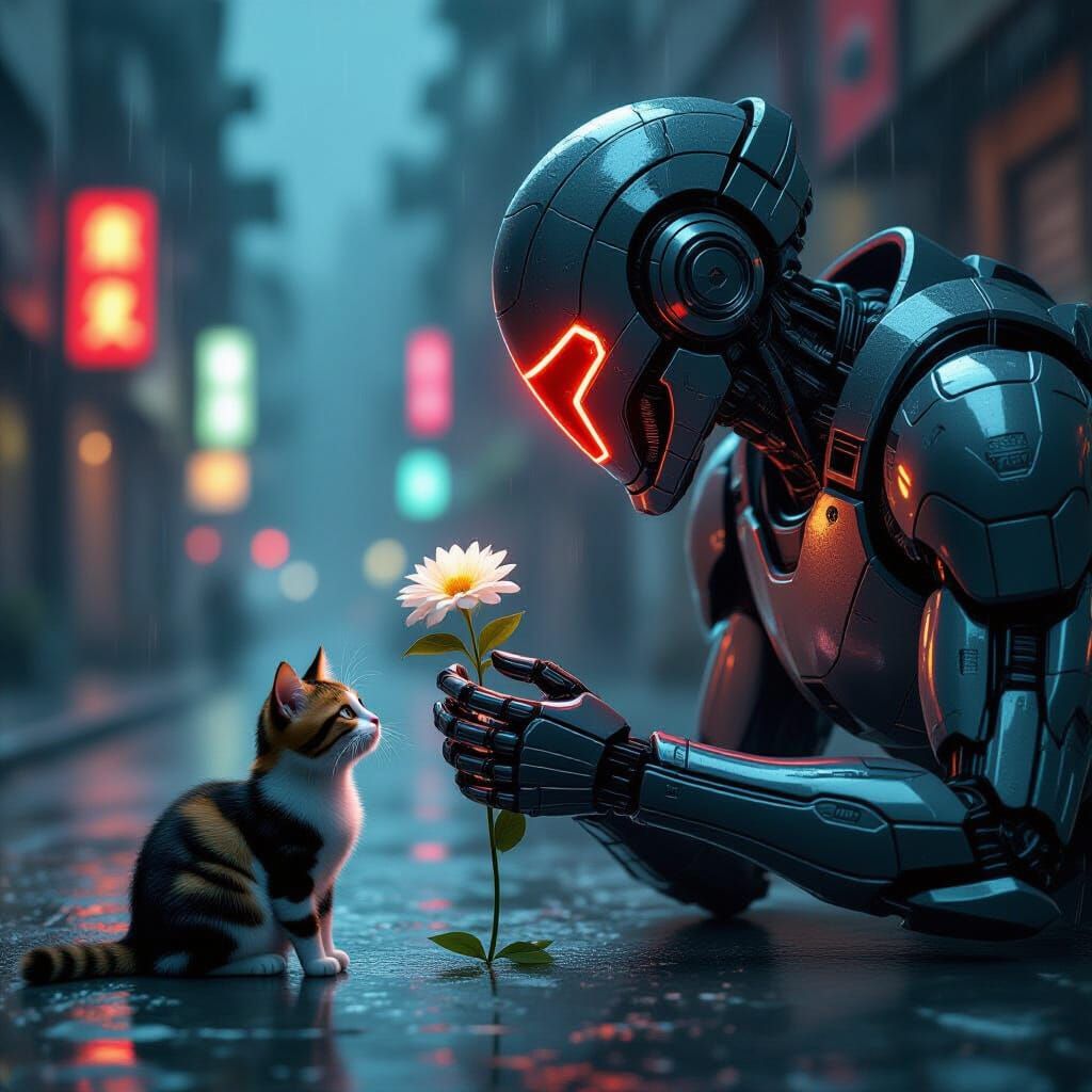 Cyborg Warrior Offers Flower to Stray Cat in Dark Fantasy Ar...