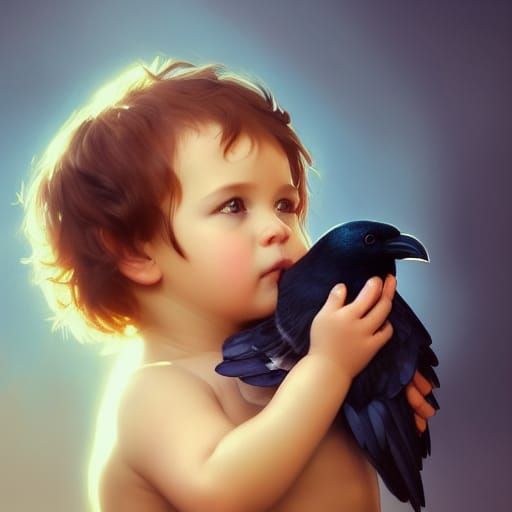 Toddler and Crow: Hyperdetailed Portrait in 8K