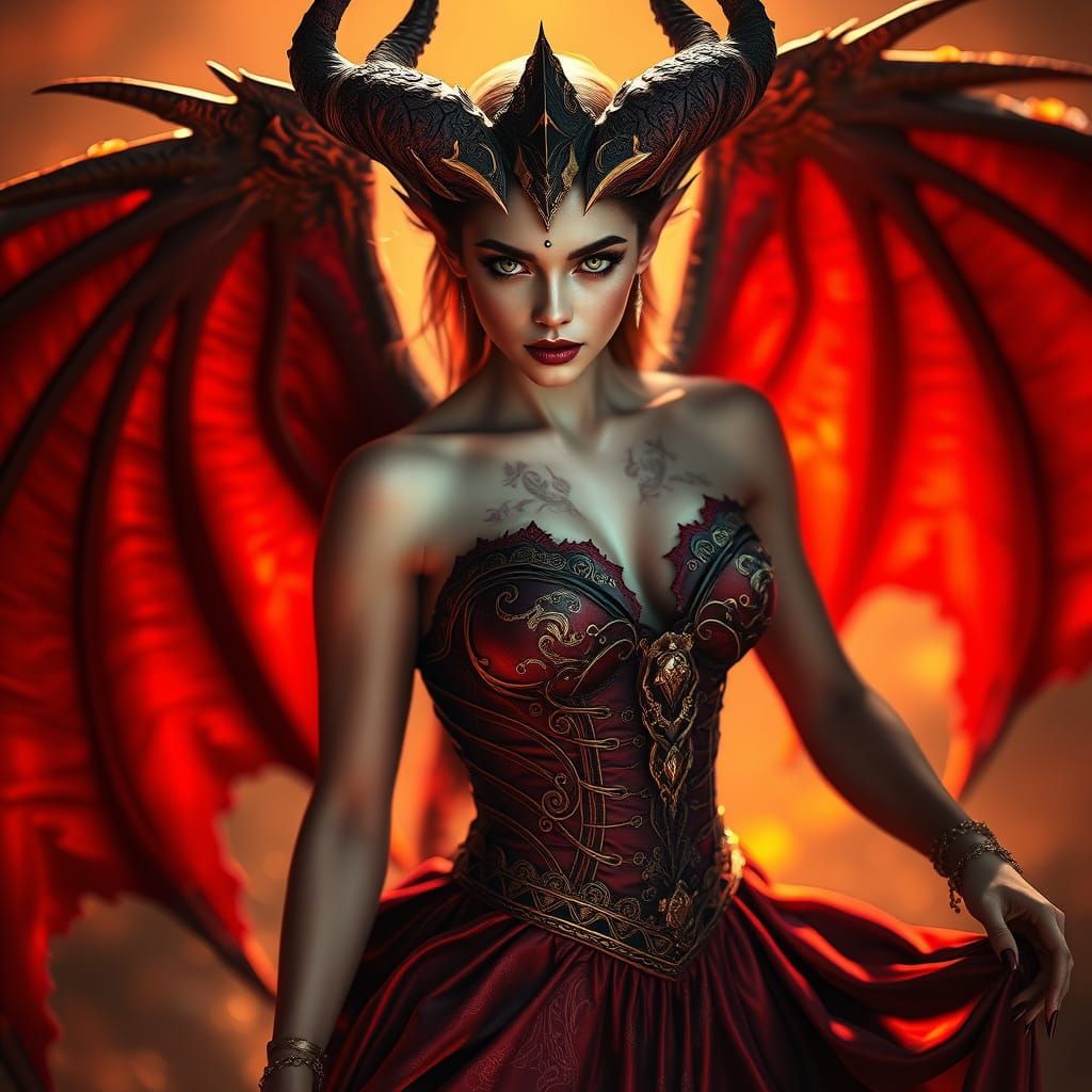 Ethereal Demon Queen with Dragon Wings and Fiery Aura