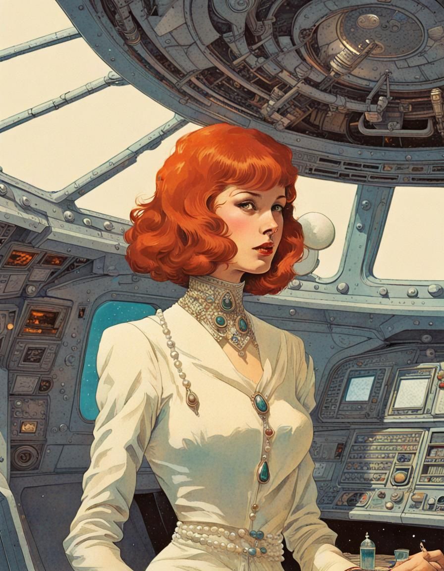 Queen in Spaceship: Retrofuturist Sci-Fi Illustration