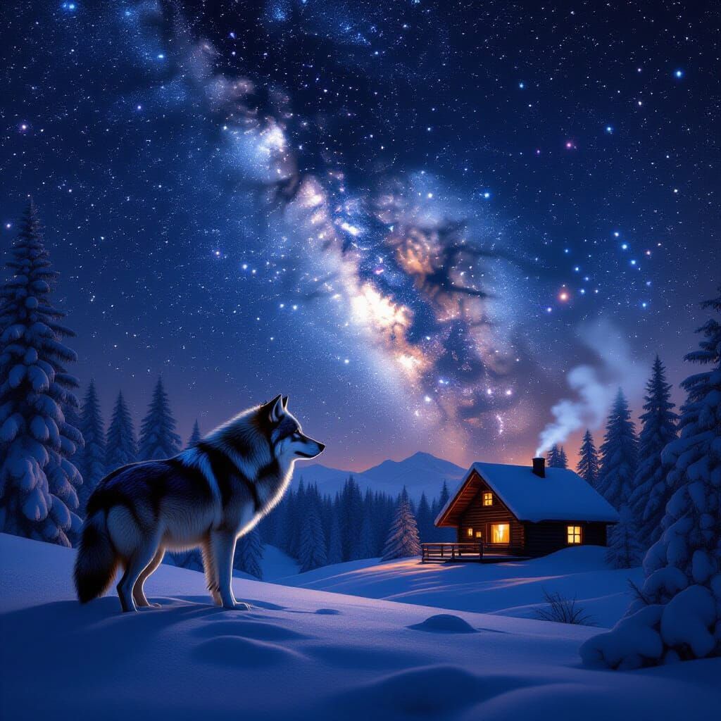 Majestic Wolf Under Cosmic Sky Above Snowy Cabin