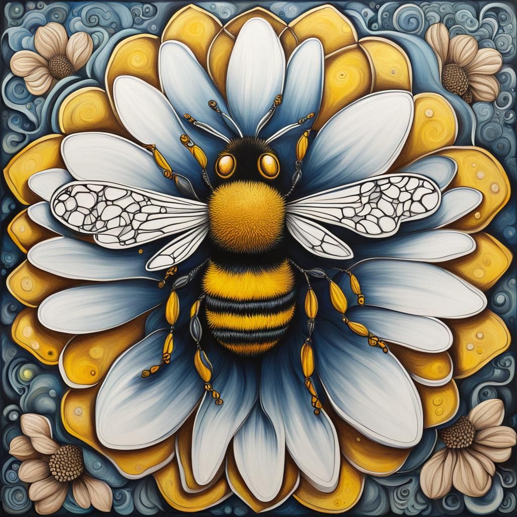 Surrealist Zentangle Bee on Flower, Dali Style