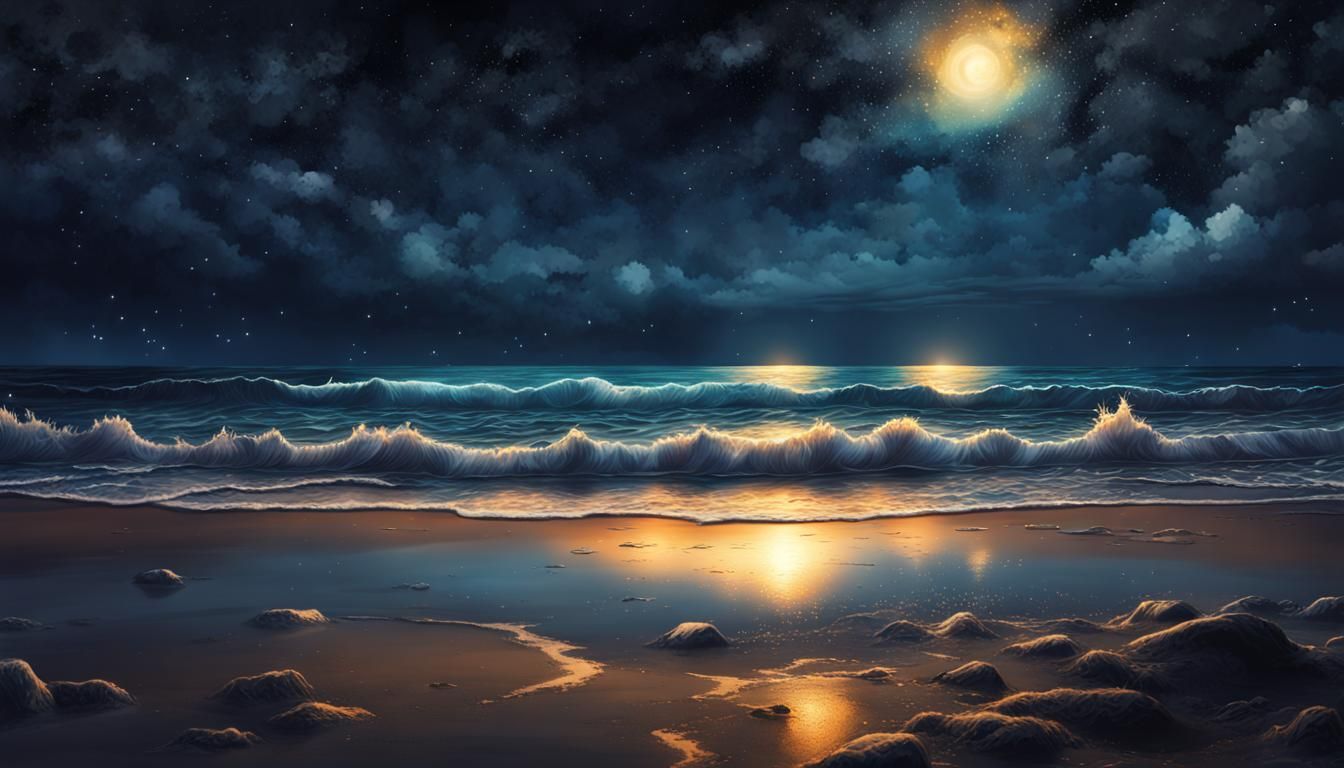 Night Ocean Under Starry Sky: Hyperrealistic Splash Art