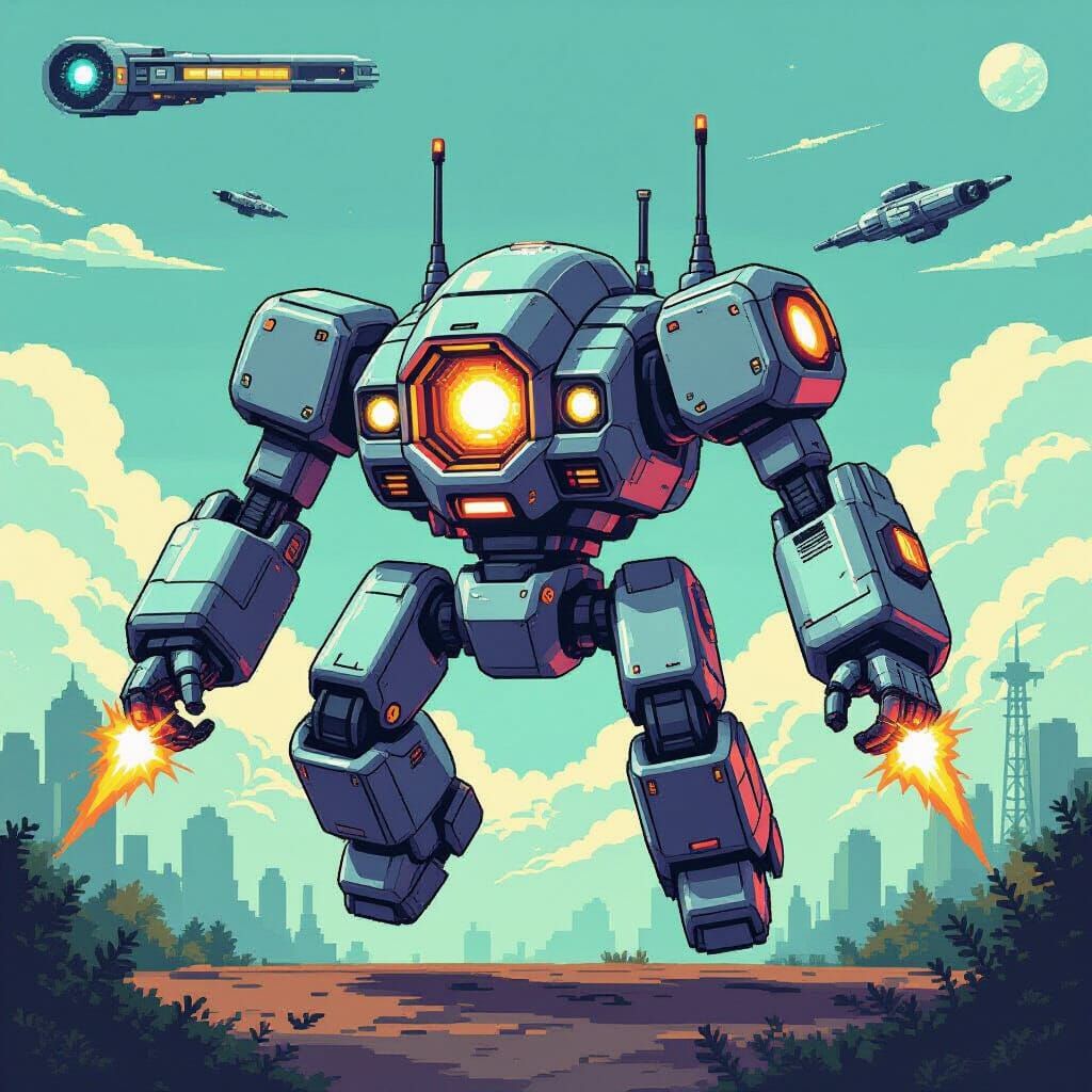 Retro Pixel Art Combat Robot with Plasma Cannons