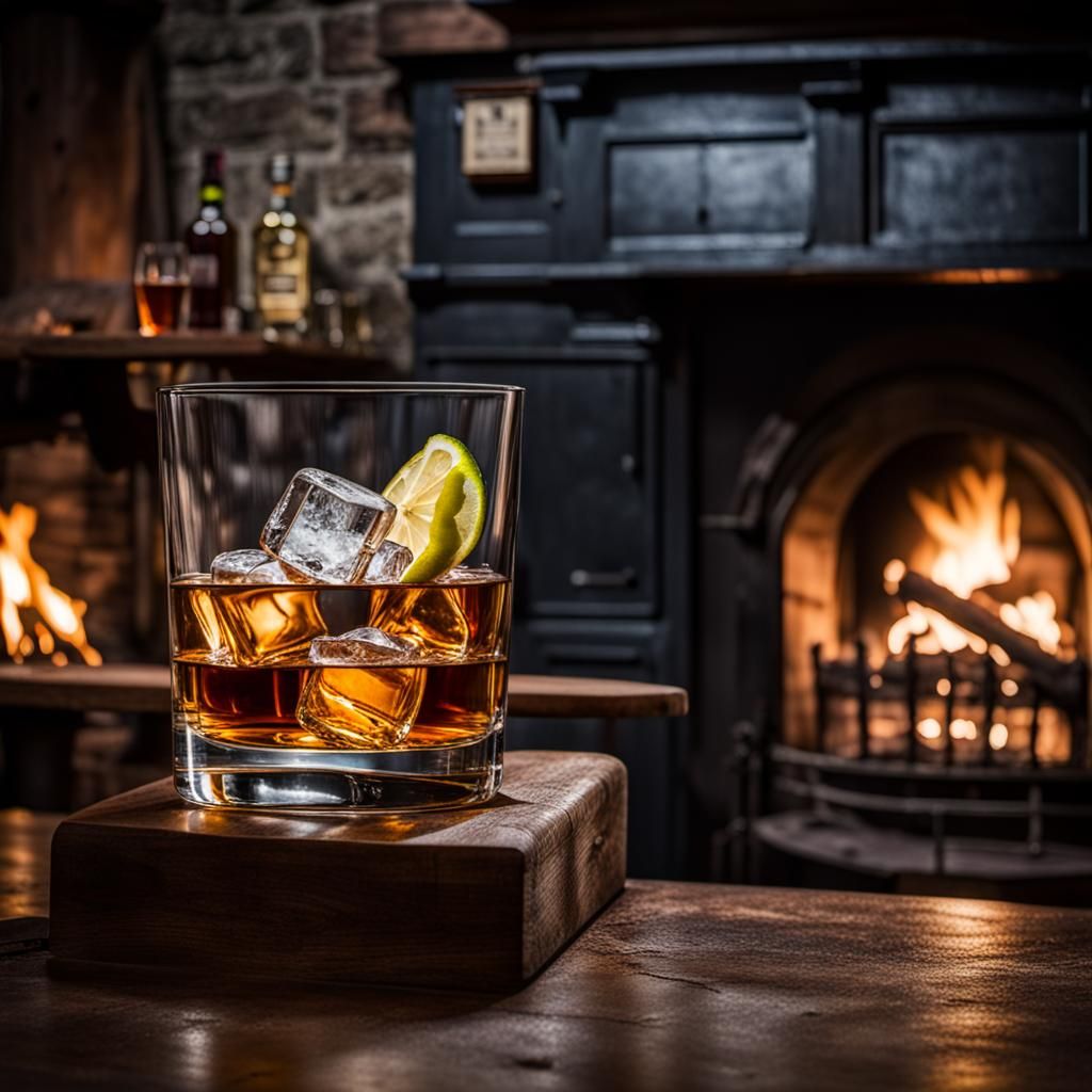 Whisky and Fireplace in a Dark Pub