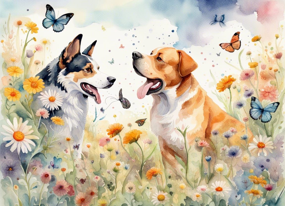 Watercolor Dog and Cat in Flower Field