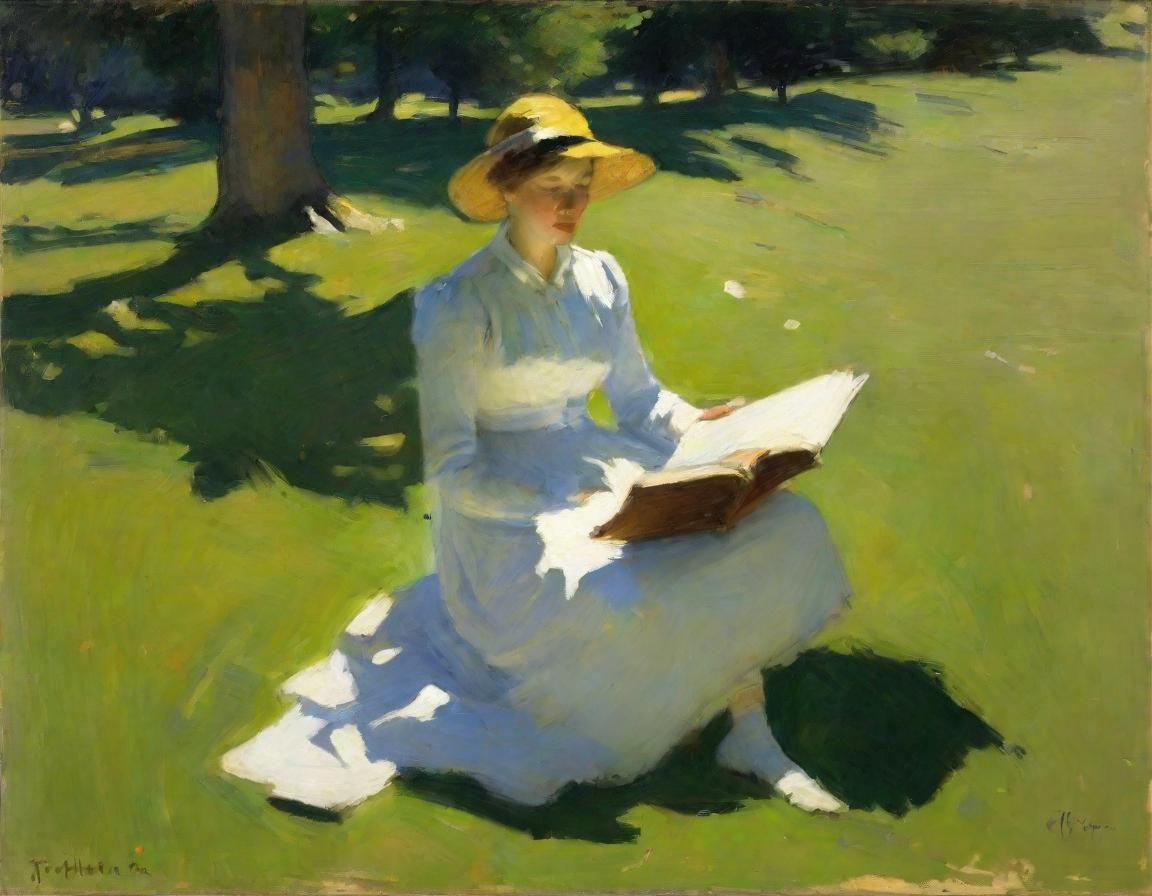 Woman Reading in Shadow Dappled Glen, Impressionist Style