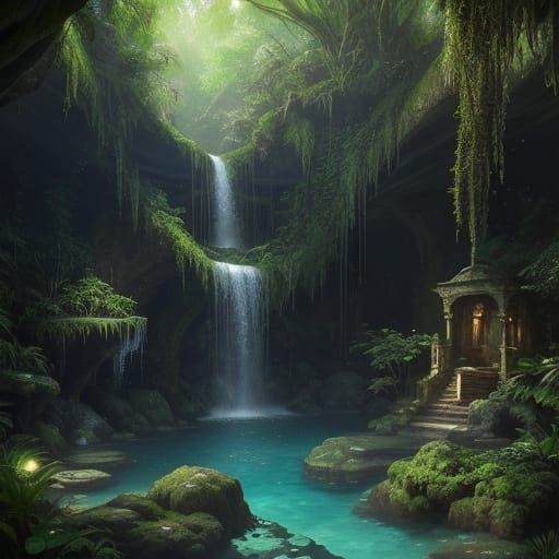 Enchanted Waterfall Grotto at Golden Hour