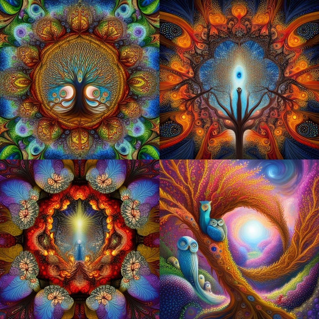 Radiant Fractal-Eyed Owls in Blossom Gardens