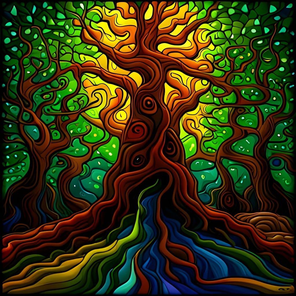 Psychedelic Stained Glass Forest in Expressionist Style