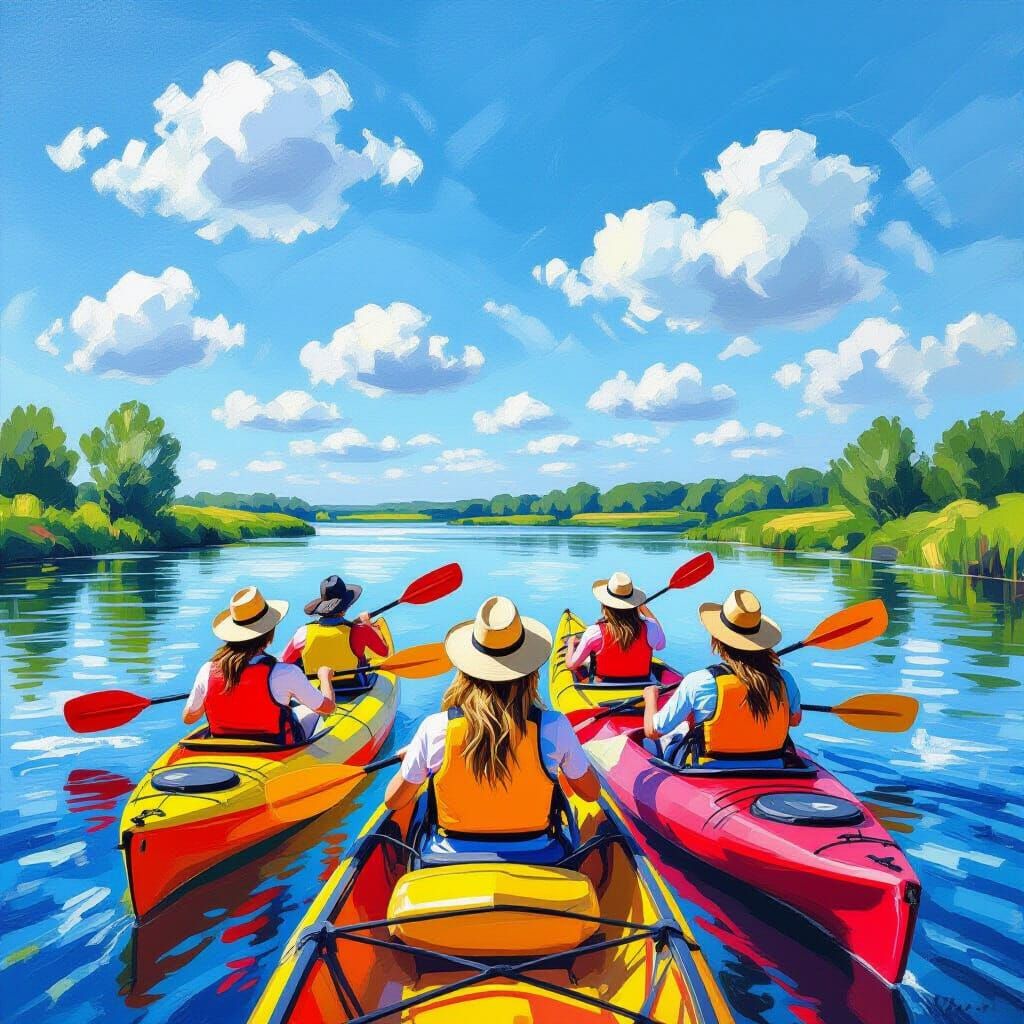 Women Kayaking on River in Impressionistic Style