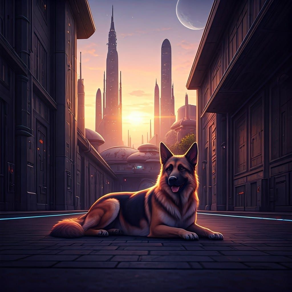 German Shepherd in Neon Cityscape, Anime Style
